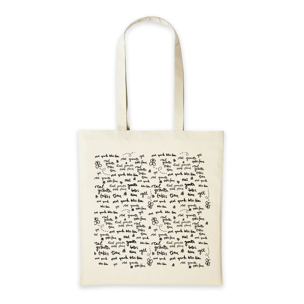real growth takes time tote bag